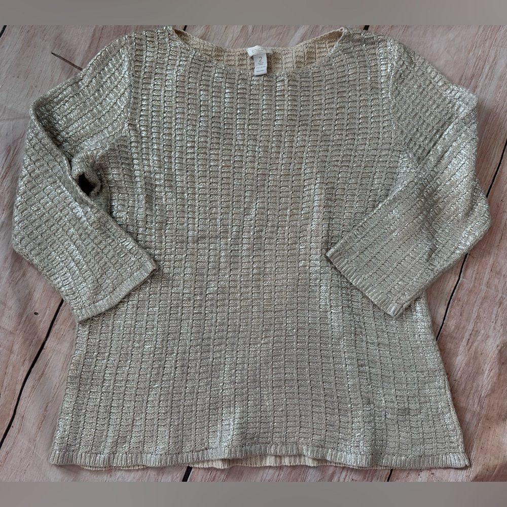 Chicos sweater sz 2 Large Silver Cream Metalic 3/4 Sleeve Wide Neck  Dressy